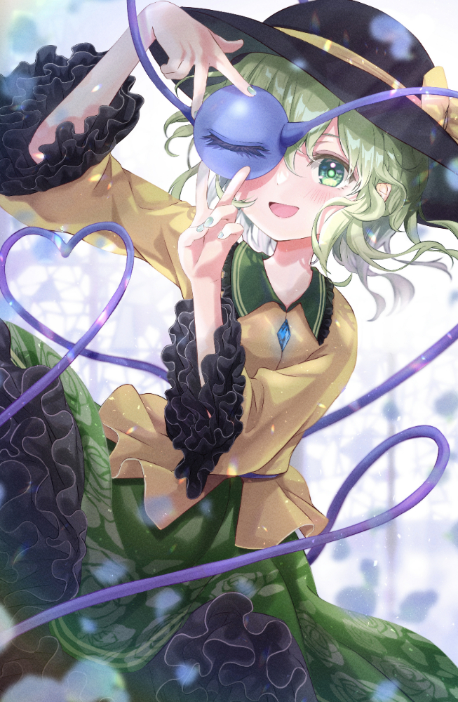 1girl :d black_headwear blouse blush bow buttons commentary covering_one_eye cowboy_shot diamond_button double_v eyebrows_behind_hair fingernails floating_hair floral_print frilled_shirt_collar frilled_sleeves frills fujiwara_aoi green_eyes green_hair green_nails green_skirt hair_between_eyes hands_up hat hat_bow heart heart_of_string komeiji_koishi long_sleeves medium_hair nail_polish open_mouth petticoat red_eyes rose_print shirt skirt smile solo third_eye touhou v wide_sleeves yellow_bow yellow_shirt