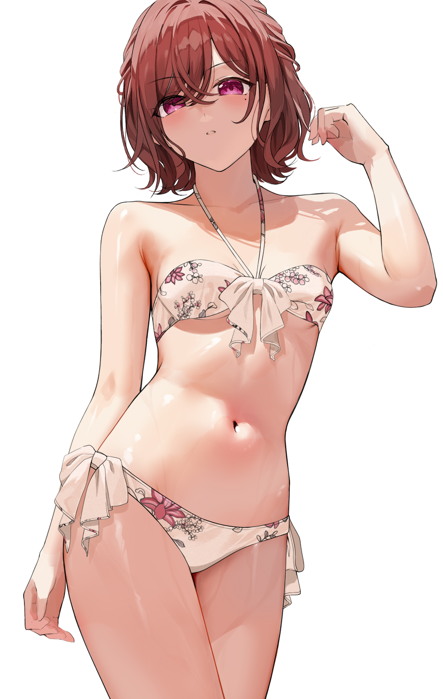 1girl arm_up armpits bangs bare_shoulders bikini breasts brown_hair collarbone contrapposto cowboy_shot eyebrows_visible_through_hair floral_print front-tie_bikini front-tie_top gin00 halterneck highres higuchi_madoka idolmaster idolmaster_shiny_colors looking_at_viewer medium_hair mole mole_under_eye navel side-tie_bikini simple_background small_breasts solo standing stomach swimsuit thighs violet_eyes white_background white_bikini