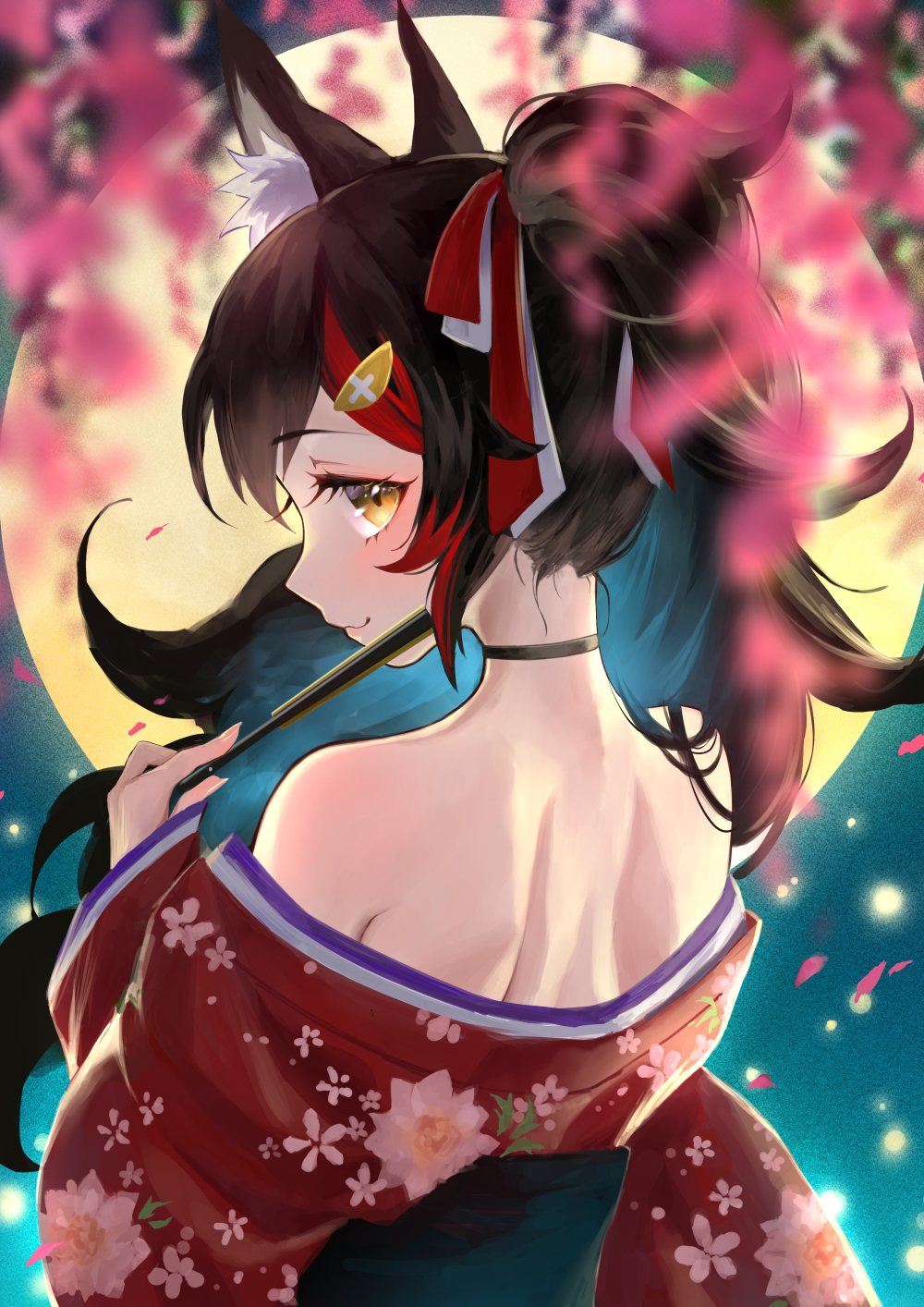 1girl :3 animal_ear_fluff animal_ears back barefoot black_choker black_hair blue_hair blush choker closed_mouth floral_print flower from_behind full_moon gradient_hair hair_ornament hair_ribbon hairclip highres holding hololive japanese_clothes kimono kimono_pull long_hair looking_at_viewer looking_back misekiss moon multicolored_hair night off_shoulder ookami_mio outdoors petals ponytail print_kimono profile red_kimono red_ribbon redhead ribbon smile solo streaked_hair upper_body virtual_youtuber wisteria wolf_ears yellow_eyes