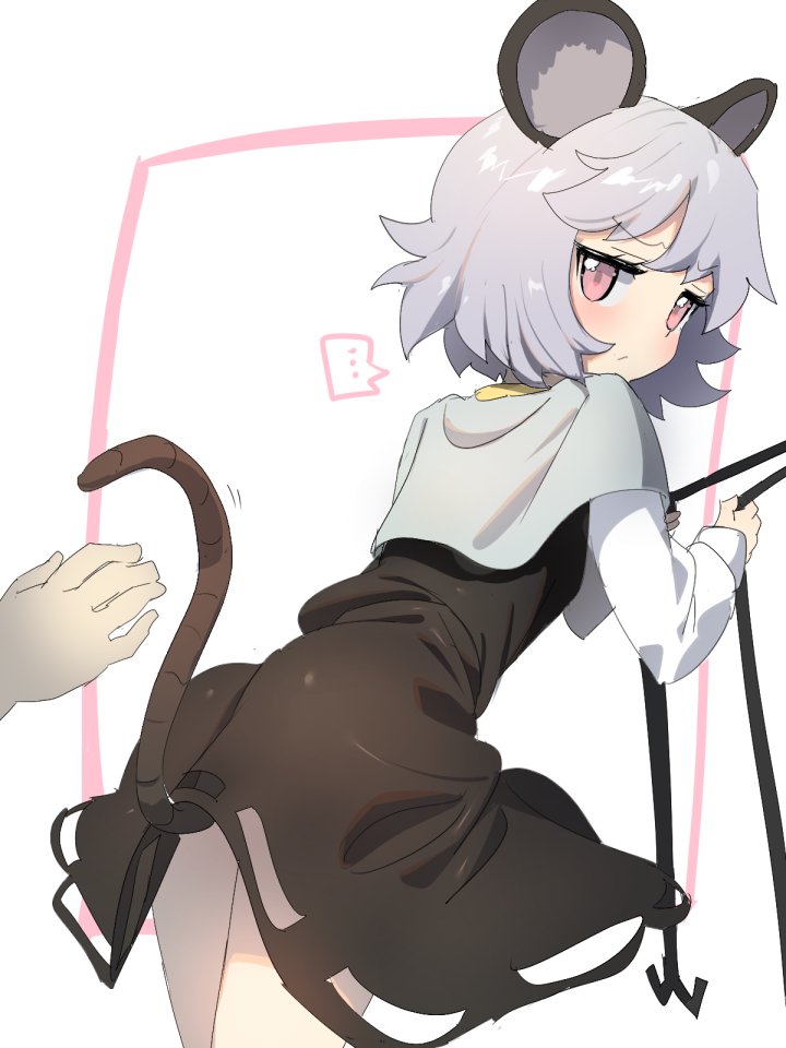 ... 1boy 1girl animal_ears bangs blush capelet dress eyebrows_visible_through_hair grey_hair jewelry long_sleeves looking_at_viewer looking_back mouse_ears mouse_tail nazrin pink_eyes polpol shirt short_hair skirt skirt_set solo_focus spoken_ellipsis tail touhou white_background