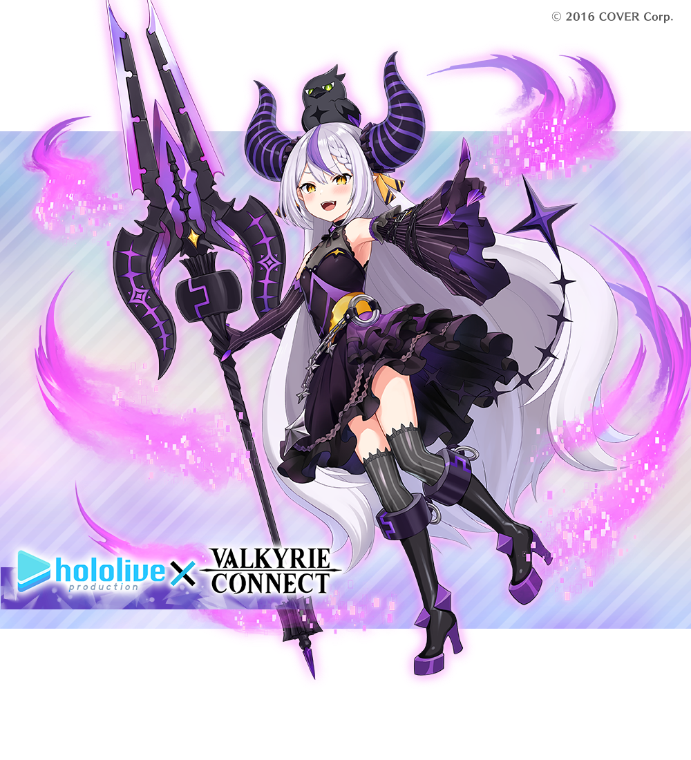 1girl alternate_costume black_dress black_footwear black_legwear breasts collaboration crow_(la+_darknesss) demon_girl demon_horns demon_tail detached_sleeves dress hololive horns la+_darknesss official_alternate_costume official_art pointing polearm small_breasts spear tail thigh-highs valkyrie_connect virtual_youtuber weapon white_hair