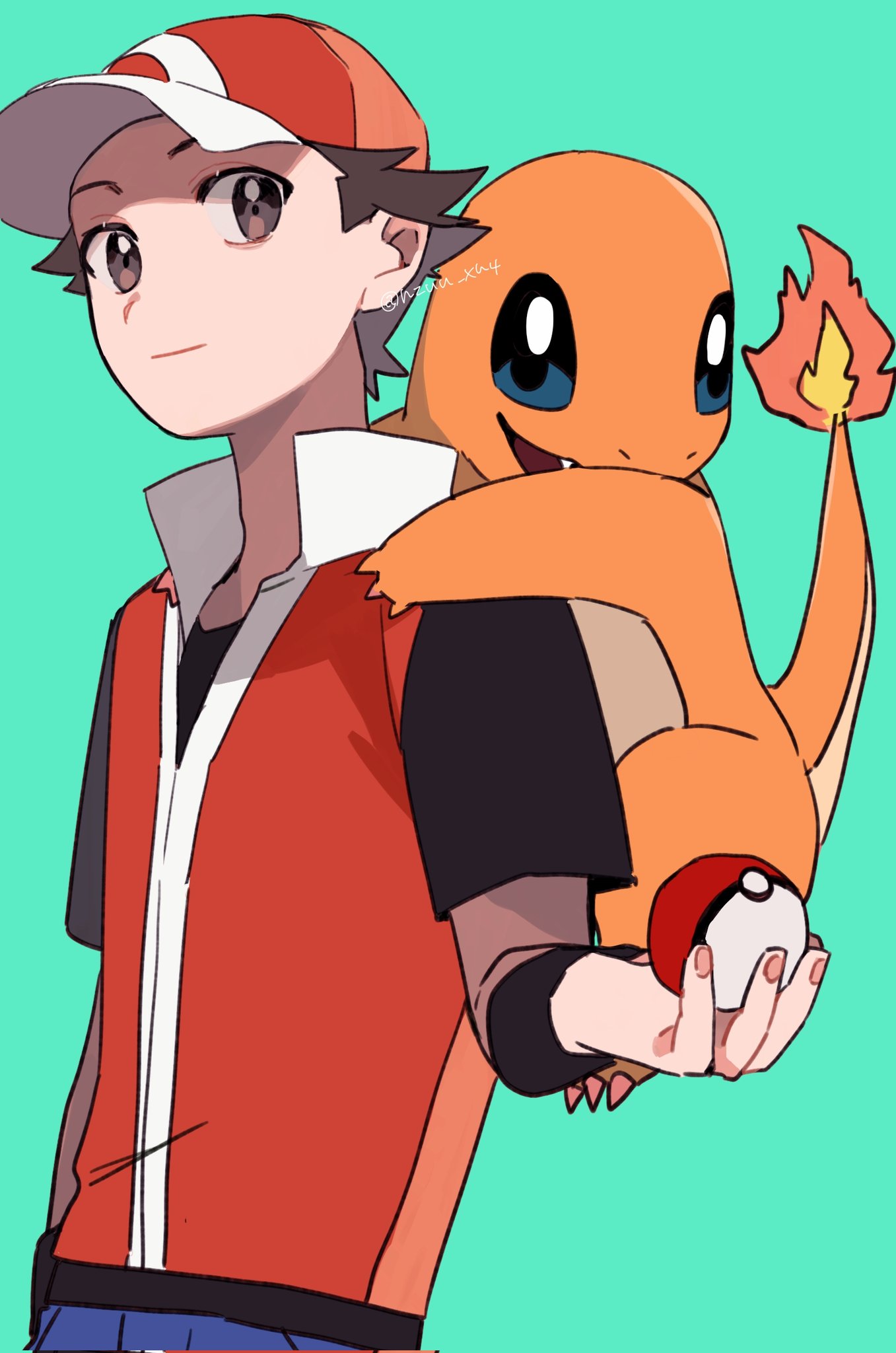 1boy baseball_cap black_wristband blue_pants brown_eyes brown_hair charmander green_background hat highres holding holding_poke_ball jacket male_focus momotose_(hzuu_xh4) pants poke_ball poke_ball_(basic) pokemon pokemon_(creature) pokemon_(game) pokemon_frlg pokemon_on_back red_(pokemon) red_headwear red_jacket shirt short_hair simple_background sleeveless sleeveless_jacket spiky_hair symbol-only_commentary t-shirt twitter_username