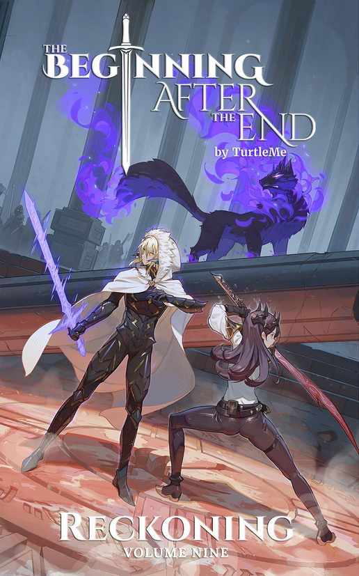 1boy 1girl animal arthur_leywin ass back-to-back black_hair blonde_hair caera cape cover cover_page english_text fighting_stance glowing glowing_sword glowing_weapon hair_between_eyes hks_(timbougami) holding holding_weapon hood horns novel_cover official_art pillar planted planted_sword shadow sword the_beginning_after_the_end weapon yellow_eyes