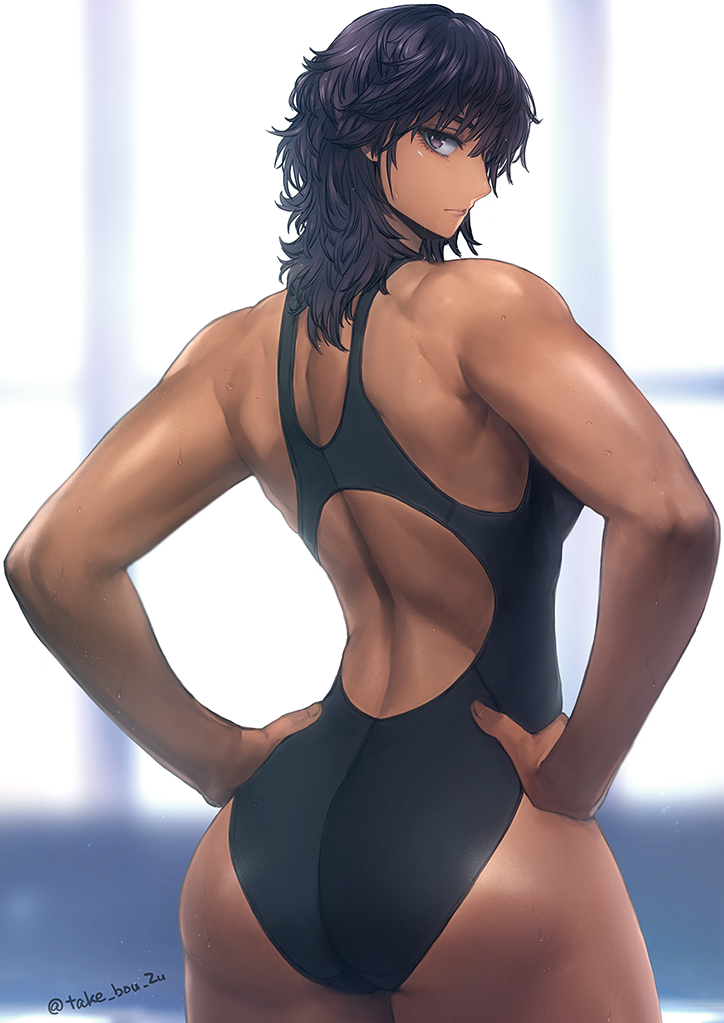 1girl ass back back_cutout black_hair black_swimsuit blurry blurry_background closed_mouth clothing_cutout competition_swimsuit dark-skinned_female dark_skin hands_on_hips long_hair looking_at_viewer looking_back muscular muscular_female one-piece_swimsuit original solo swimsuit takebouzu twitter_username violet_eyes