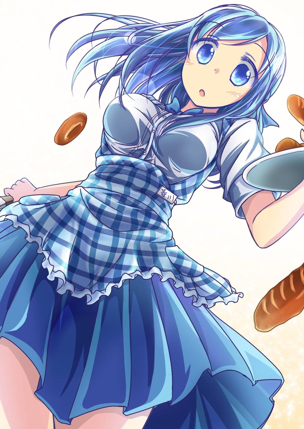 1girl :o alternate_breast_size alternate_costume apron bagel baguette basket blue_apron blue_bow blue_bowtie blue_eyes blue_hair blue_skirt bow bowtie bread breasts checkered_apron dokidoki!_precure employee_uniform eyebrows_visible_through_hair food forehead gingham gingham_apron high-waist_skirt highres hishikawa_rikka holding holding_basket kobeya_uniform long_hair medium_breasts muusu plaid plaid_apron plaid_background pleated_shirt precure shirt simple_background skirt solo tongs uniform waitress white_background white_shirt