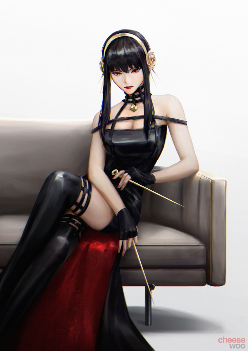 artist_name bare_shoulders black_dress black_gloves black_hair black_legwear breasts cheesewoo couch crossed_legs dagger dress elbow_rest expressionless fingerless_gloves floral_print flower gloves gold_hairband hair_flower hair_ornament highres holding holding_dagger holding_weapon knife looking_at_viewer medium_breasts off-shoulder_dress off_shoulder on_couch red_eyes red_lips red_nails rose rose_print sitting solo spikes spy_x_family thighs two-sided_dress two-sided_fabric weapon yor_briar