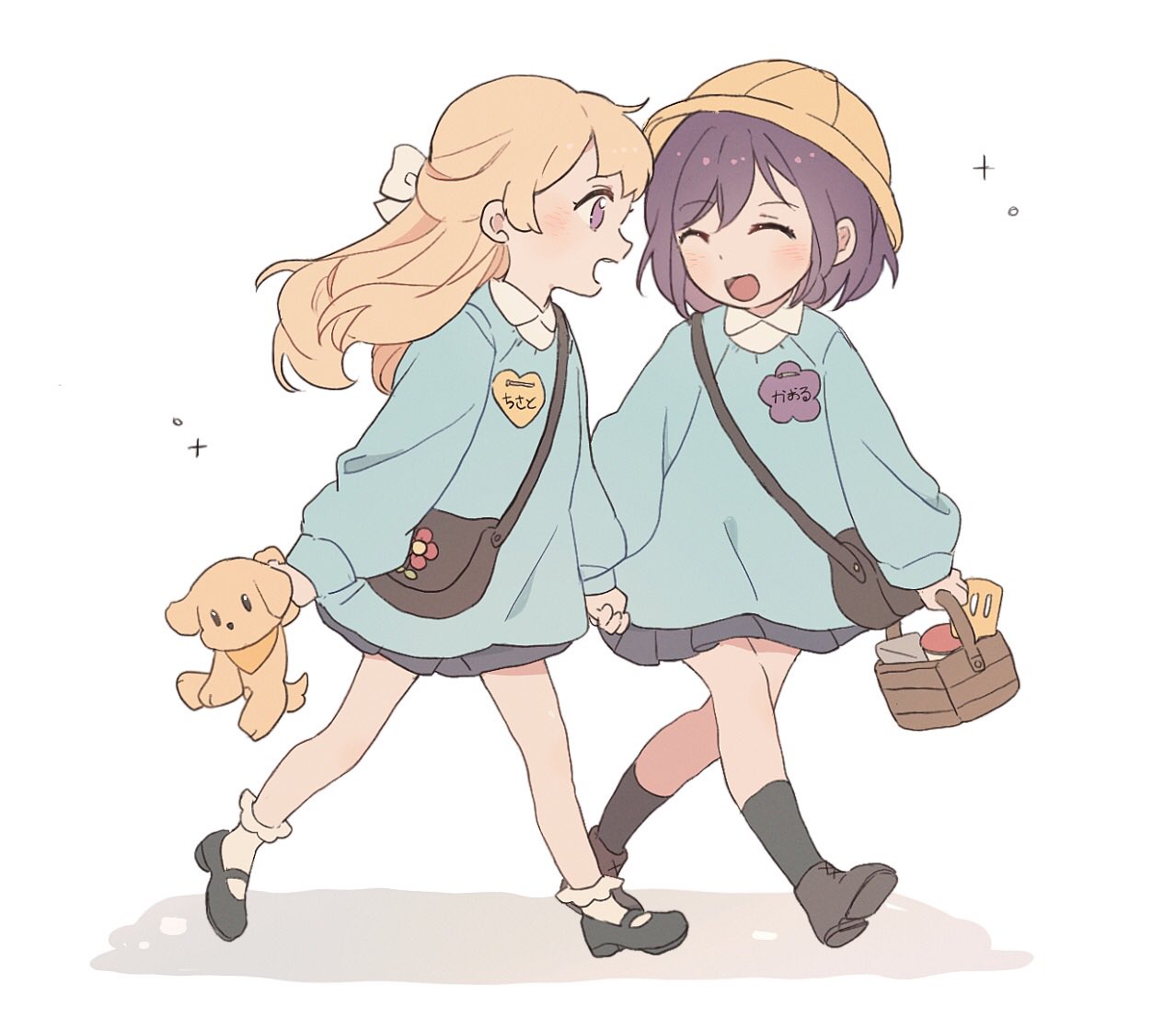 2girls ^_^ bag bang_dream! basket blonde_hair bow closed_eyes dog hair_bow head holding_hands kindergarten_uniform long_hair multiple_girls puppy purple_hair seri_(vyrlw) seta_kaoru shirasagi_chisato shoulder_bag smile violet_eyes walking white_background younger yuri