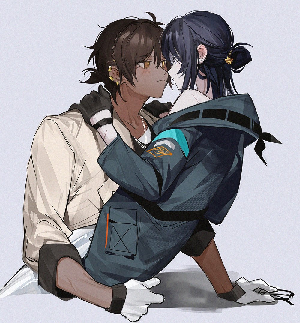 1boy 1girl arknights bare_shoulders black_hair blush brown_eyes brown_hair coat couple dark-skinned_male dark_skin doctor_(arknights) ear_piercing female_doctor_(arknights) gloves hand_on_another's_shoulder hetero holding jacket jewelry looking_at_another necklace pienahenggou piercing ponytail rhodes_island_logo short_hair sitting stitches thorns_(arknights) white_gloves