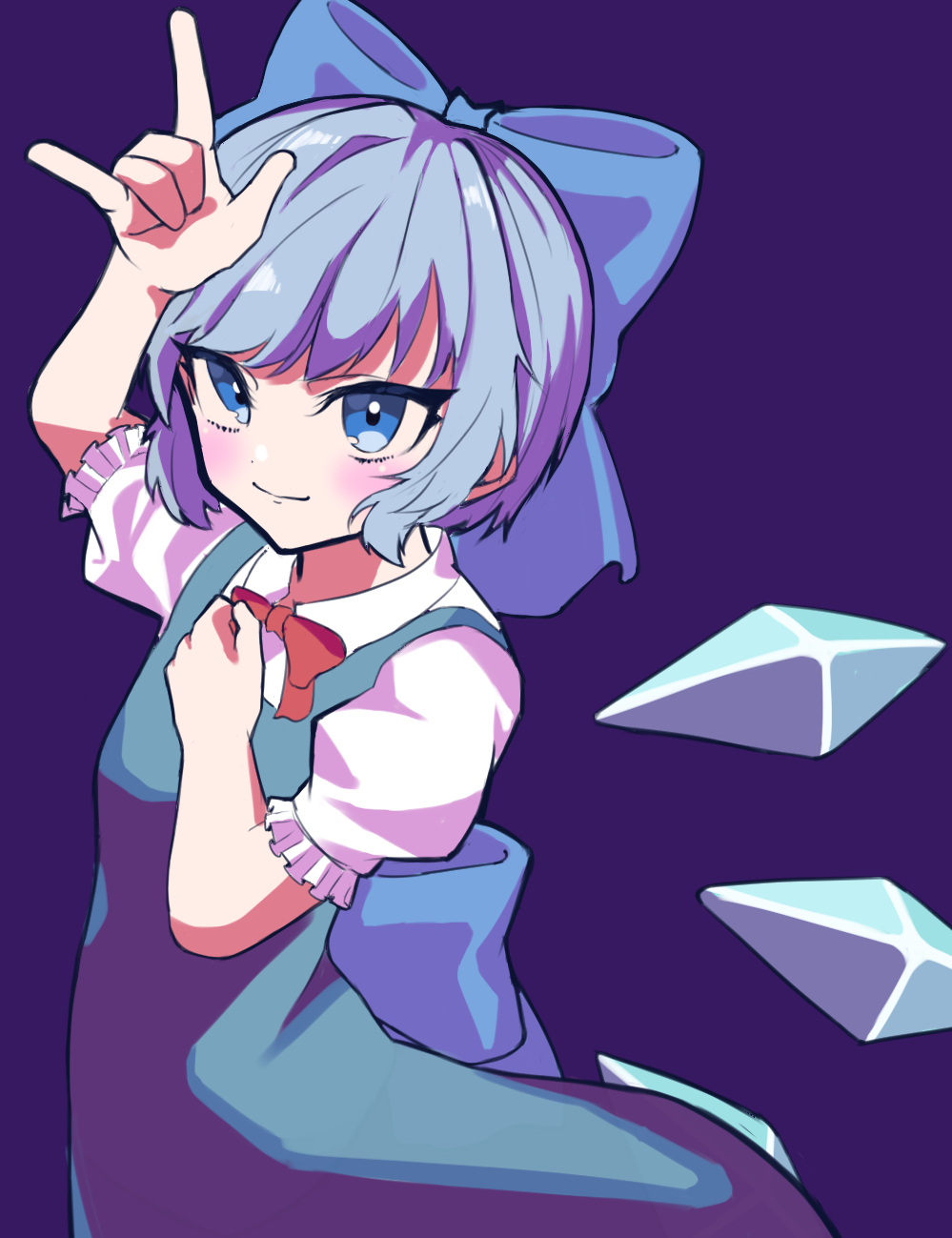 1girl aqua_hair blue_background blue_dress blue_eyes blue_ribbon blush bow cirno collared_dress cowboy_shot dress fairy hair_bow hair_ribbon hand_gesture hand_on_own_chest hand_up highres ice ice_wings pixie_cut red_ribbon rerendi ribbon short_hair simple_background smile touhou wings