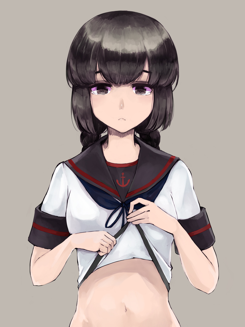 1girl black_eyes black_hair black_sailor_collar braid closed_mouth commentary_request disgust grey_background isonami_(kancolle) kantai_collection kurou_(bcrow) long_hair navel sailor_collar school_uniform serafuku short_sleeves sidelocks twin_braids