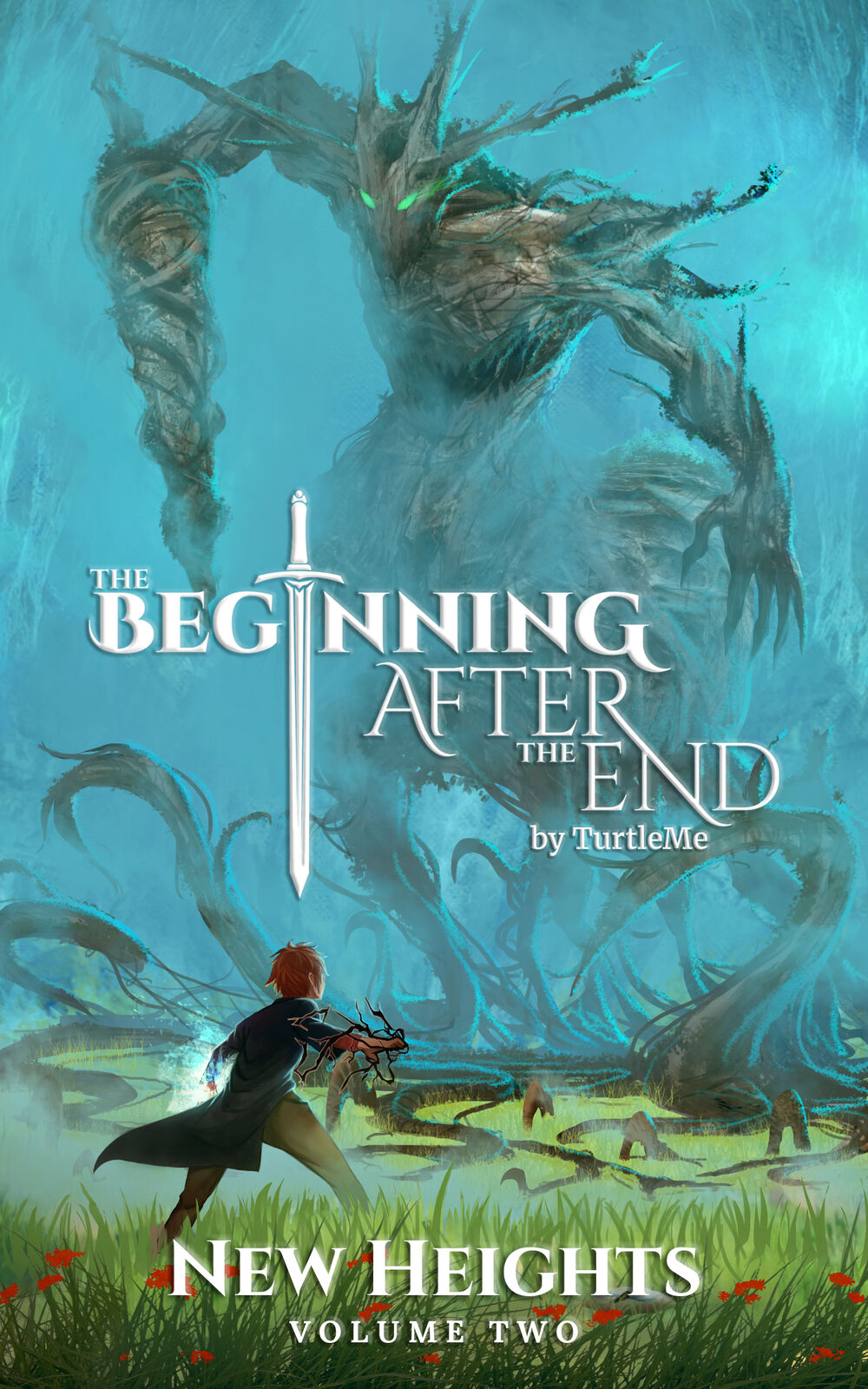 1boy 1other arthur_leywin aura brown_hair claws confrontation cover cover_page drill english_text fighting_stance flower fog grass highres monmacairap monster novel_cover official_art roots the_beginning_after_the_end