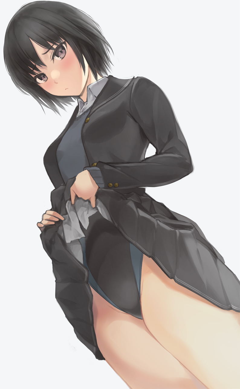 1girl amagami black_eyes black_hair black_jacket black_sailor_collar black_skirt black_swimsuit bob_cut clothes_lift commentary_request competition_swimsuit cowboy_shot dress highres jacket kibito_high_school_uniform looking_at_viewer nanasaki_ai one-piece_swimsuit pleated_dress sailor_collar school_uniform serafuku serizawa_(serizawaroom) simple_background skirt skirt_lift solo sweater_vest swimsuit swimsuit_under_clothes two-tone_swimsuit white_background