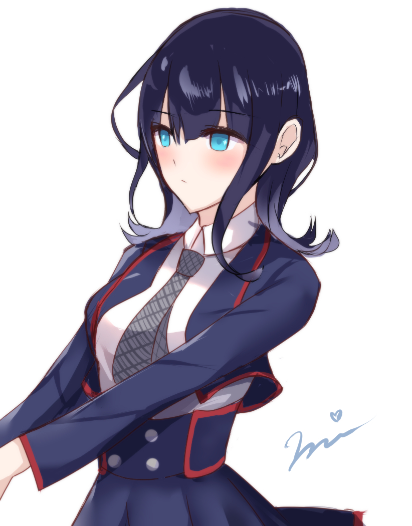 1girl bangs black_hair blue_eyes blue_jacket blue_skirt blush breasts buttons collared_shirt fate/requiem fate_(series) high-waist_skirt jacket large_breasts long_sleeves looking_to_the_side medium_hair necktie open_clothes open_jacket shirt sidelocks skirt solo utsumi_erice utsumi_erice_(mission_start) wataame_mizuiro white_background white_shirt