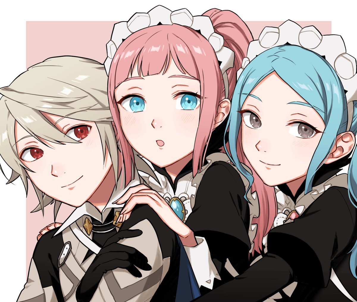 1boy 2girls :o bangs black_dress black_gloves blue_eyes blue_hair brooch closed_mouth commentary commission corrin_(fire_emblem) corrin_(fire_emblem)_(male) dress english_commentary eyebrows_visible_through_hair felicia_(fire_emblem) fire_emblem fire_emblem_fates flora_(fire_emblem) forehead gloves grey_eyes grey_hair hands_on_another's_shoulders hug hug_from_behind jewelry juliet_sleeves long_hair long_sleeves looking_at_viewer maid maid_headdress multiple_girls parted_bangs peach11_01 pink_hair ponytail puffy_sleeves red_eyes short_hair siblings sidelocks sisters skeb_commission smile twins upper_body