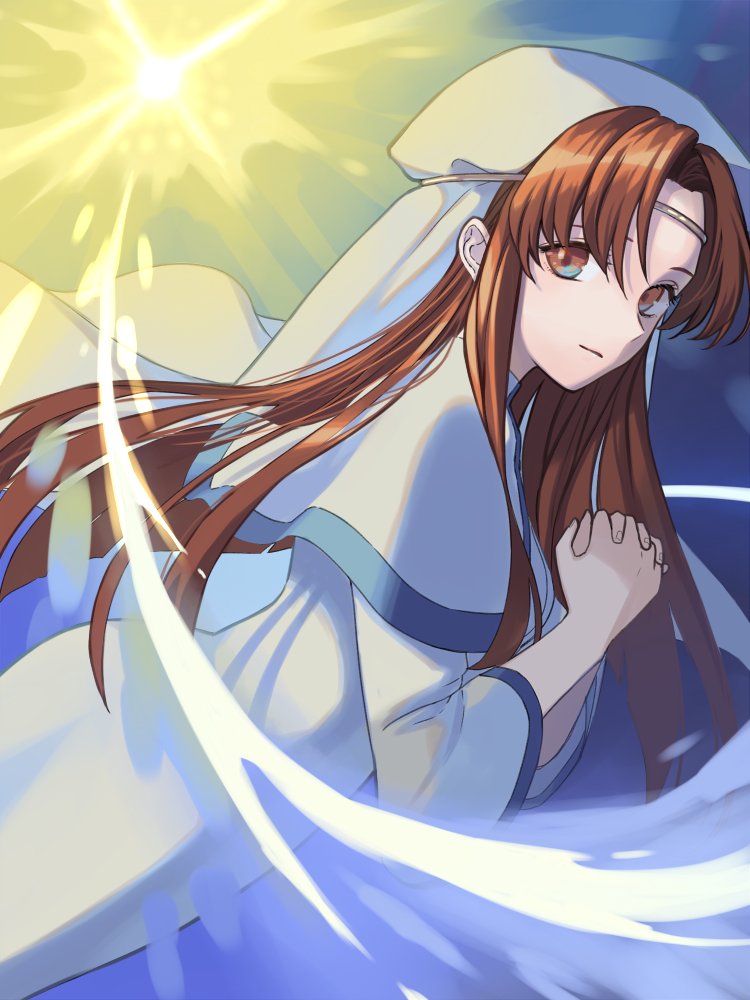 1girl brown_eyes brown_hair circlet dress dutch_angle elen_(fire_emblem) fire_emblem fire_emblem:_the_binding_blade habit interlocked_fingers long_hair looking_at_viewer nun own_hands_clasped own_hands_together praying robe solo sunlight veil white_dress youheiogm