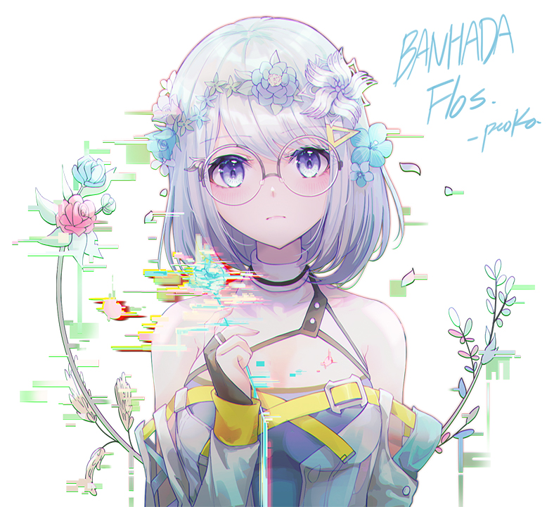 1girl ban_hada blue_eyes blue_flower blue_jacket breasts character_name eyebrows_visible_through_hair flower glasses glitch grey_hair hair_flower hair_ornament halter_top halterneck holding holding_flower jacket jewelry medium_breasts nijisanji nijisanji_kr off-shoulder_jacket off_shoulder pink_flower pistachiocream portrait ring round_eyewear solo triangle_hair_ornament virtual_youtuber