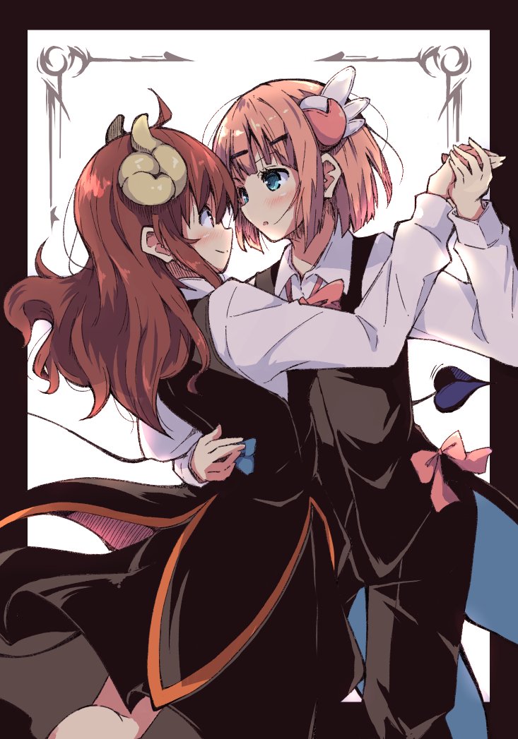 2girls brown_eyes brown_hair chiyoda_momo curled_horns dancing demon_girl demon_horns demon_tail expressive_tail formal grabbing_another's_hand holding_hands horns looking_at_another machikado_mazoku multiple_girls smile suit tail tailcoat tom_q_(tomtoq) tuxedo yoshida_yuuko_(machikado_mazoku) yuri