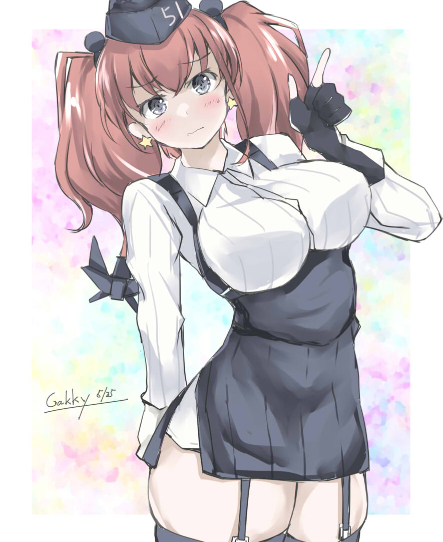 1girl anchor_hair_ornament atlanta_(kancolle) black_headwear black_skirt breasts brown_hair commentary_request cowboy_shot dress_shirt earrings gakky garrison_cap garter_straps gloves grey_eyes hair_ornament hat high-waist_skirt jewelry kantai_collection large_breasts long_hair long_sleeves one-hour_drawing_challenge partially_fingerless_gloves shirt skirt solo star_(symbol) star_earrings suspender_skirt suspenders thigh_strap two_side_up white_gloves white_shirt