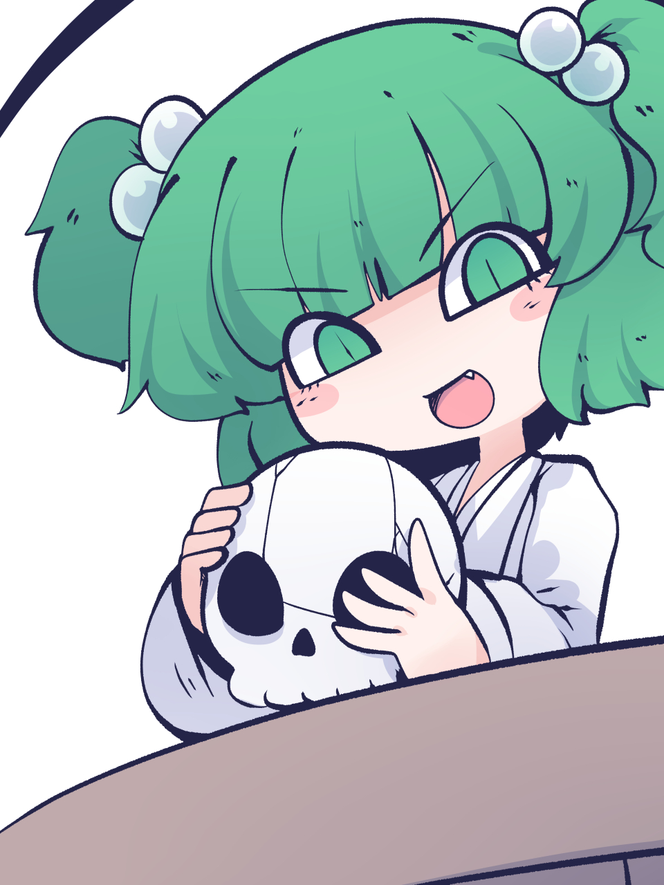 1girl bangs blush bucket chibi commentary_request fang fried_rice0614 green_eyes green_hair hair_bobbles hair_ornament highres holding holding_skull in_bucket in_container japanese_clothes kimono kisume long_sleeves medium_hair one-hour_drawing_challenge open_mouth simple_background skull solo touhou v-shaped_eyebrows white_background white_kimono wide_sleeves wooden_bucket