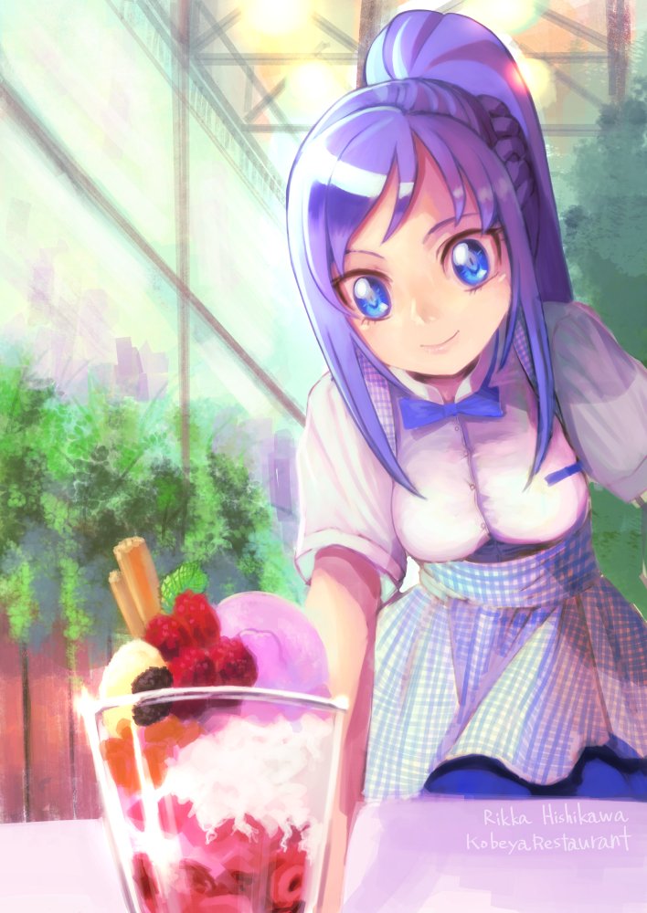 1girl alternate_breast_size alternate_costume alternate_hairstyle apron blue_apron blue_bow blue_bowtie blue_eyes blue_hair blue_skirt bow bowtie breasts character_name dokidoki!_precure eyebrows_visible_through_hair food hishikawa_rikka ice_cream indoors jj_(ssspulse) kobeya_uniform long_hair medium_breasts ponytail precure shirt skirt sundae white_shirt