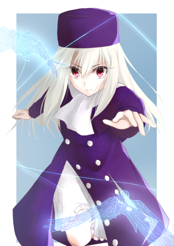 1girl bangs border closed_mouth coat coat_dress dress eyebrows_visible_through_hair fate/stay_night fate_(series) floating_hair frilled_skirt frills grey_background hair_between_eyes hat illyasviel_von_einzbern long_hair long_sleeves looking_at_viewer outside_border purple_coat purple_dress purple_headwear red_eyes running skirt solo straight_hair toshigorou_(xjcm7478) v-shaped_eyebrows white_border white_hair white_skirt