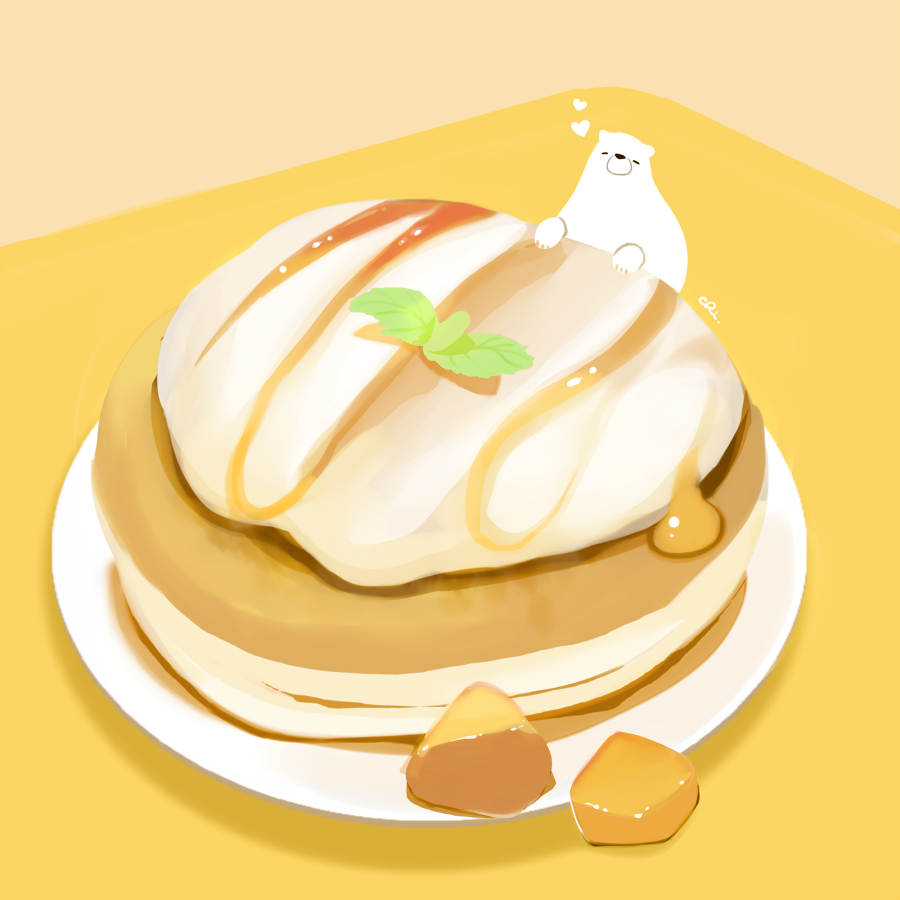 animal bear chai_(drawingchisanne) commentary_request cream food heart looking_at_viewer mango mint no_humans on_food original pancake plate polar_bear signature simple_background syrup undersized_animal