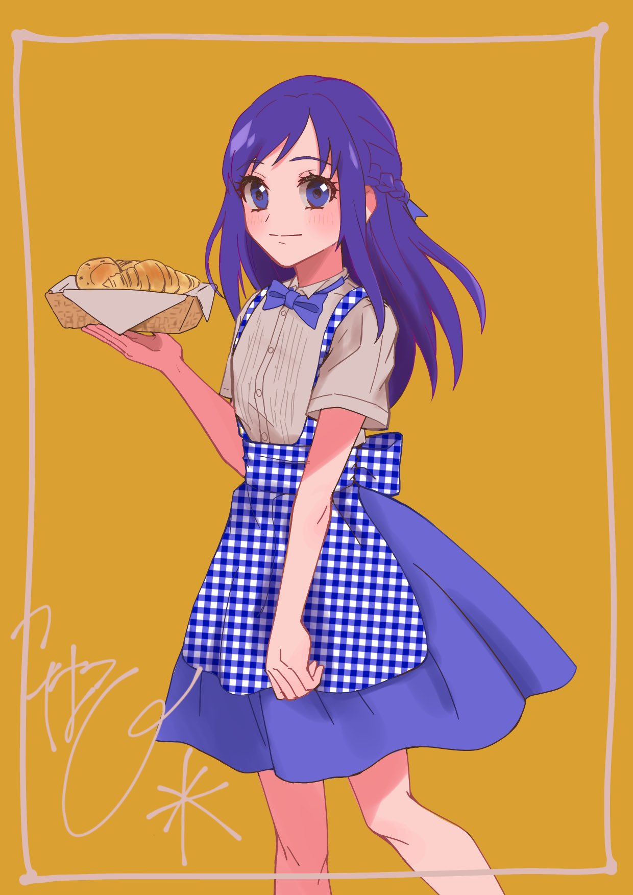 1girl alternate_costume apron arms_at_sides basket blue_apron blue_bow blue_bowtie blue_eyes blue_hair blue_skirt bow bowtie braid closed_mouth cowboy_shot d_suzu0210 dokidoki!_precure flat_chest gingham gingham_apron high-waist_skirt highres hishikawa_rikka kobeya_uniform long_hair looking_at_viewer pleated_shirt precure shirt short_sleeves simple_background single_braid skirt smile solo upper_body white_shirt yellow_background