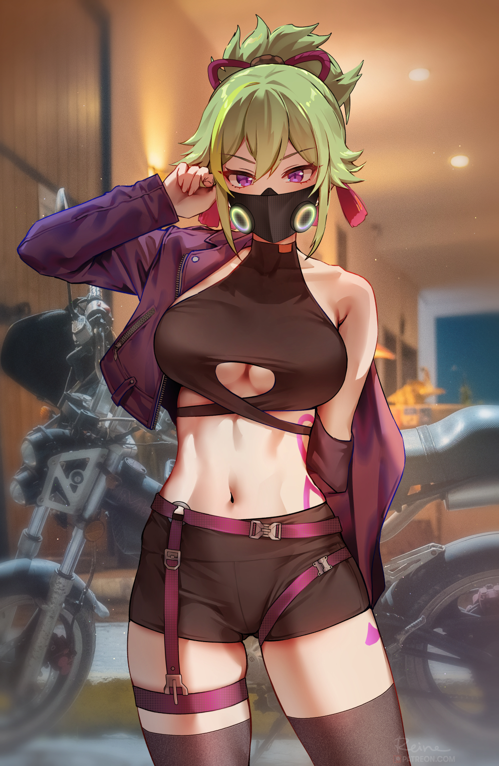 1girl arm_behind_back bangs belt black_legwear black_mask black_shorts blurry blurry_background breasts clothing_cutout collarbone commentary covered_collarbone cowboy_shot cropped_jacket eyebrows_visible_through_hair foxyreine genshin_impact green_hair ground_vehicle hair_between_eyes hand_up highres indoors jacket kuki_shinobu large_breasts linea_alba long_sleeves looking_at_viewer motor_vehicle motorcycle navel o-ring open_clothes open_jacket patreon_logo patreon_username rope shimenawa short_shorts shorts signature single_bare_shoulder skindentation solo standing tassel thigh-highs thighs toned under_boob underboob_cutout violet_eyes web_address zipper zipper_pull_tab