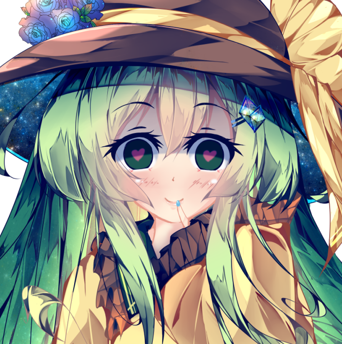 1girl alternate_hair_length alternate_hairstyle bangs black_headwear blue_flower blue_rose closed_mouth eyebrows_visible_through_hair fant finger_to_mouth flower green_eyes green_hair green_nails hat hat_flower hat_ribbon heart heart-shaped_pupils komeiji_koishi long_hair looking_at_viewer ribbon rose simple_background smile solo symbol-shaped_pupils touhou upper_body white_background yellow_ribbon