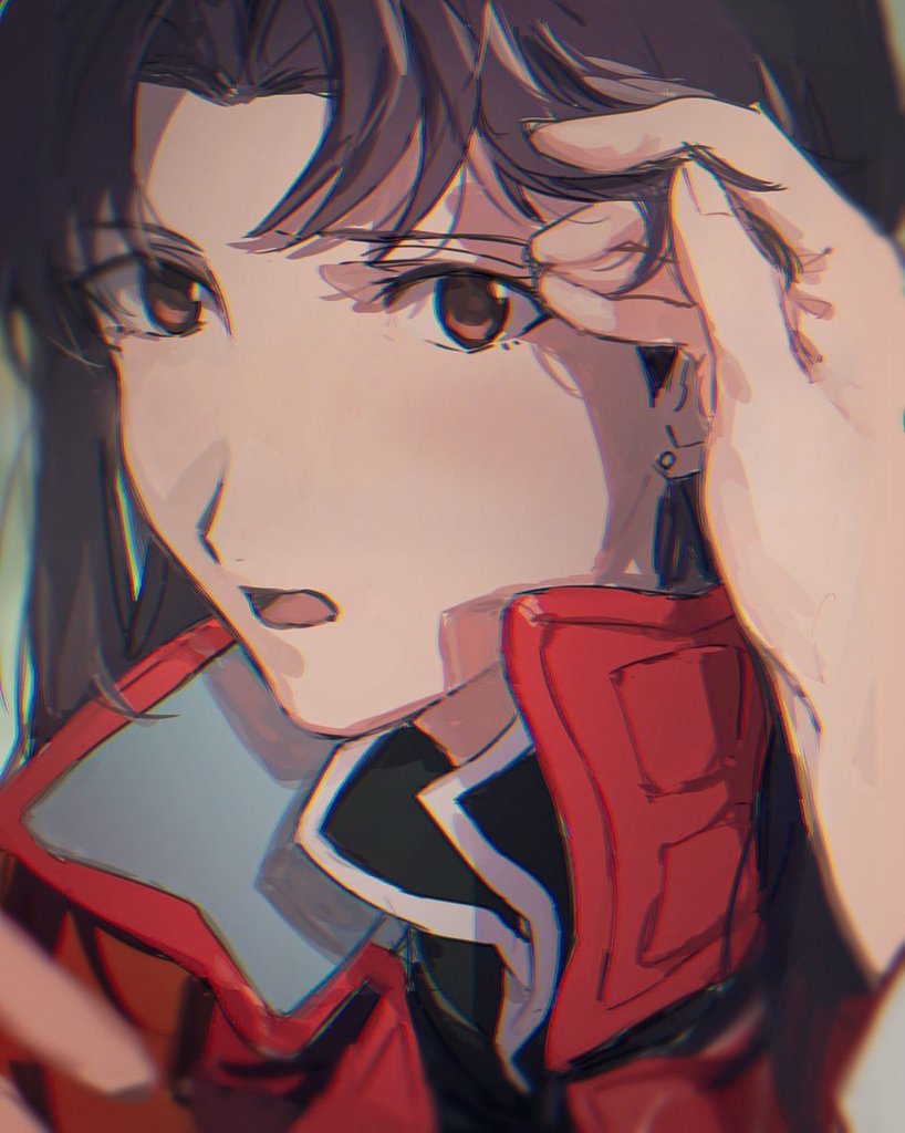 1girl biiko_(king1015g) black_hair brown_eyes hair_intakes katsuragi_misato looking_at_viewer neon_genesis_evangelion open_mouth portrait pov sketch solo_focus