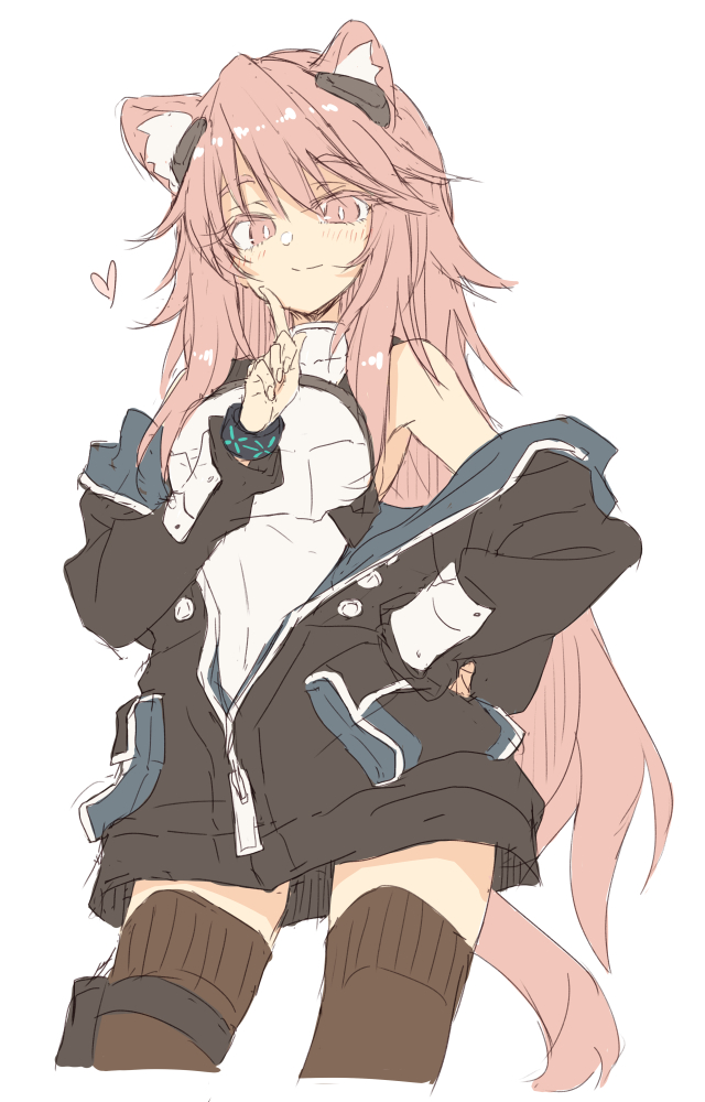 1girl animal_ears arknights armor black_jacket black_wristband blush breastplate brown_legwear cowboy_shot cropped_legs earpiece finger_to_mouth gravel_(arknights) hand_on_hip hand_up heart index_finger_raised infection_monitor_(arknights) jacket looking_at_viewer mouse_ears mouse_girl mouse_tail off_shoulder partially_unzipped pink_eyes satou_kibi simple_background sketch sleeveless solo tail thigh-highs white_background