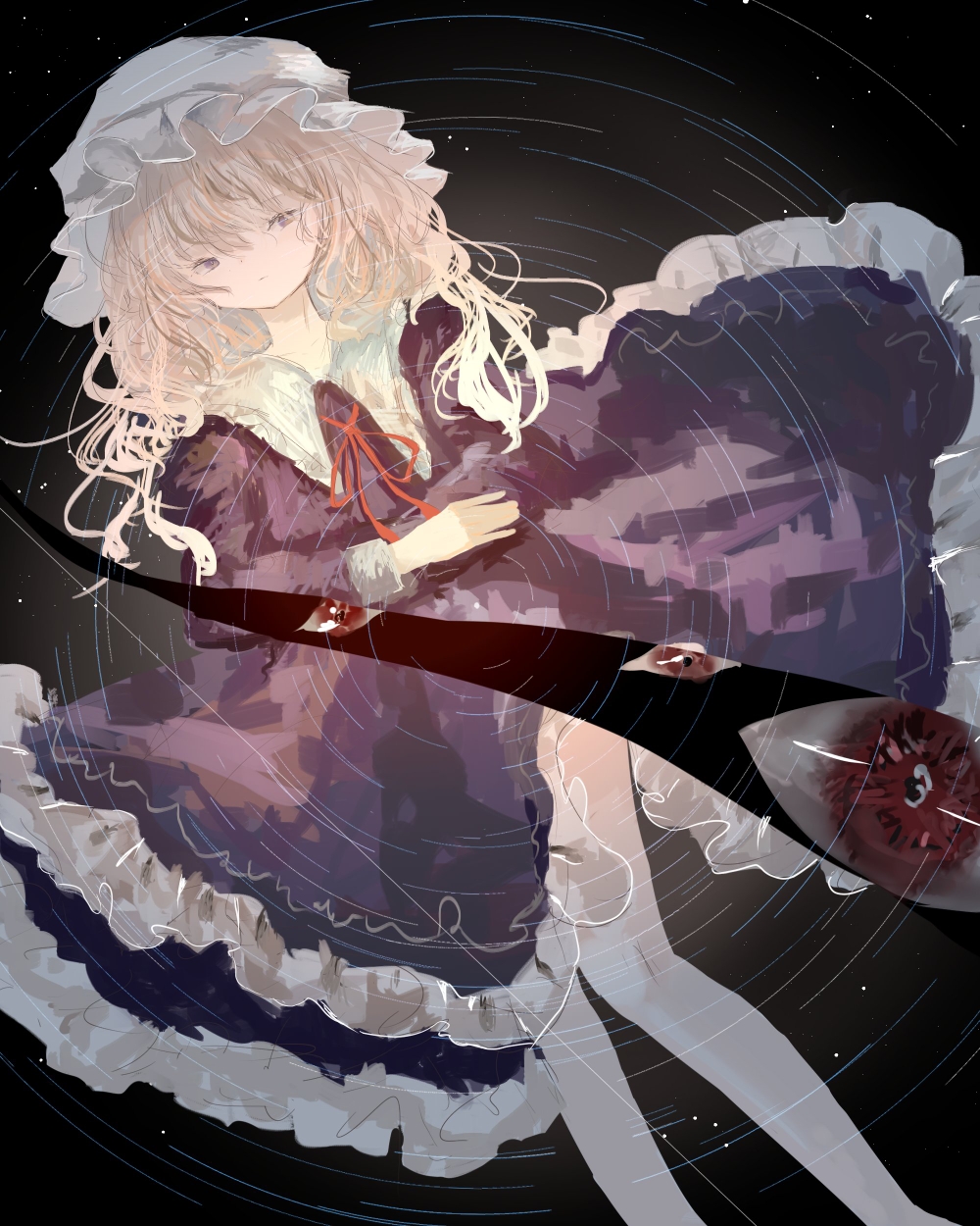 1girl agasa_(akasa_anodan) blonde_hair collared_dress commentary dot_mouth dress feet_out_of_frame frilled_dress frilled_shirt_collar frills gap_(touhou) grey_eyes hat highres long_sleeves looking_at_viewer lying maribel_hearn medium_hair mob_cap neck_ribbon on_back purple_dress red_eyes red_ribbon ribbon solo touhou