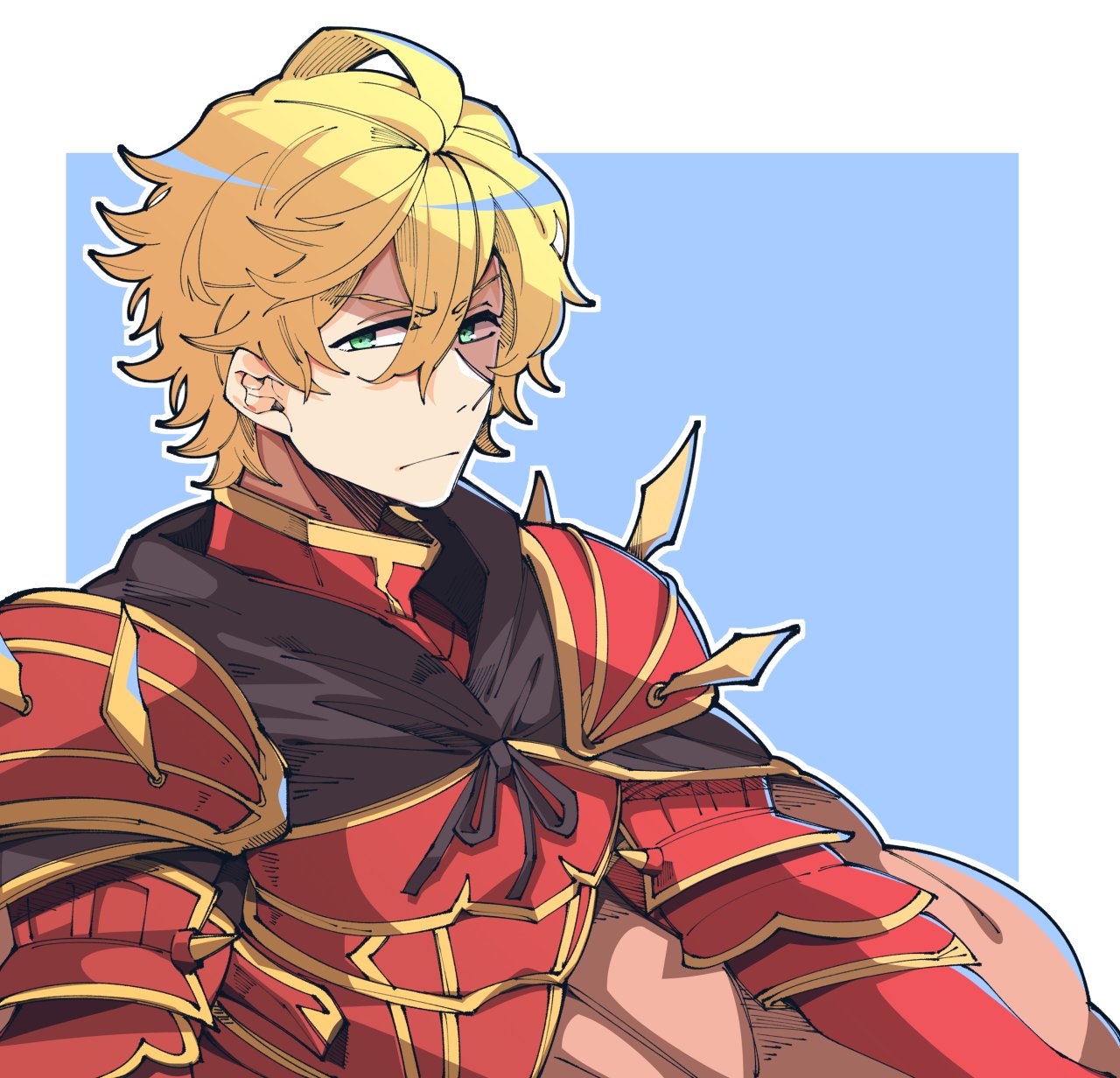 1boy armor bangs black_cape blonde_hair cape closed_mouth commentary_request eyebrows_visible_through_hair gawain_(granblue_fantasy) granblue_fantasy green_eyes hair_between_eyes higaragi highres looking_at_viewer male_focus red_armor simple_background solo two-tone_background upper_body
