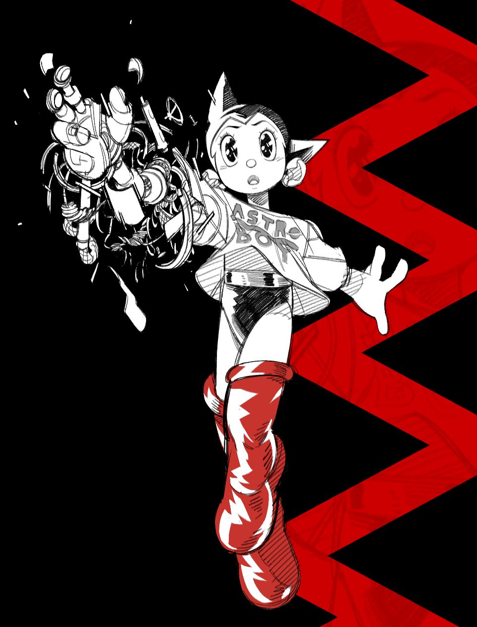 :o android atom_(tetsuwan_atom) awk_(awkawkl) black_background boots commission copyright_name damaged english_commentary highres looking_up monochrome open_hand open_mouth red_footwear science_fiction shirt spot_color tetsuwan_atom