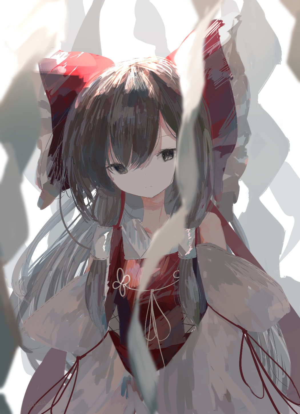 1girl agasa_(akasa_anodan) arm_ribbon bow brown_hair commentary detached_sleeves frilled_bow frills grey_eyes hair_tubes hakurei_reimu head_tilt highres long_hair looking_at_viewer red_bow red_ribbon red_vest ribbon solo touhou upper_body vest white_ribbon wide_sleeves