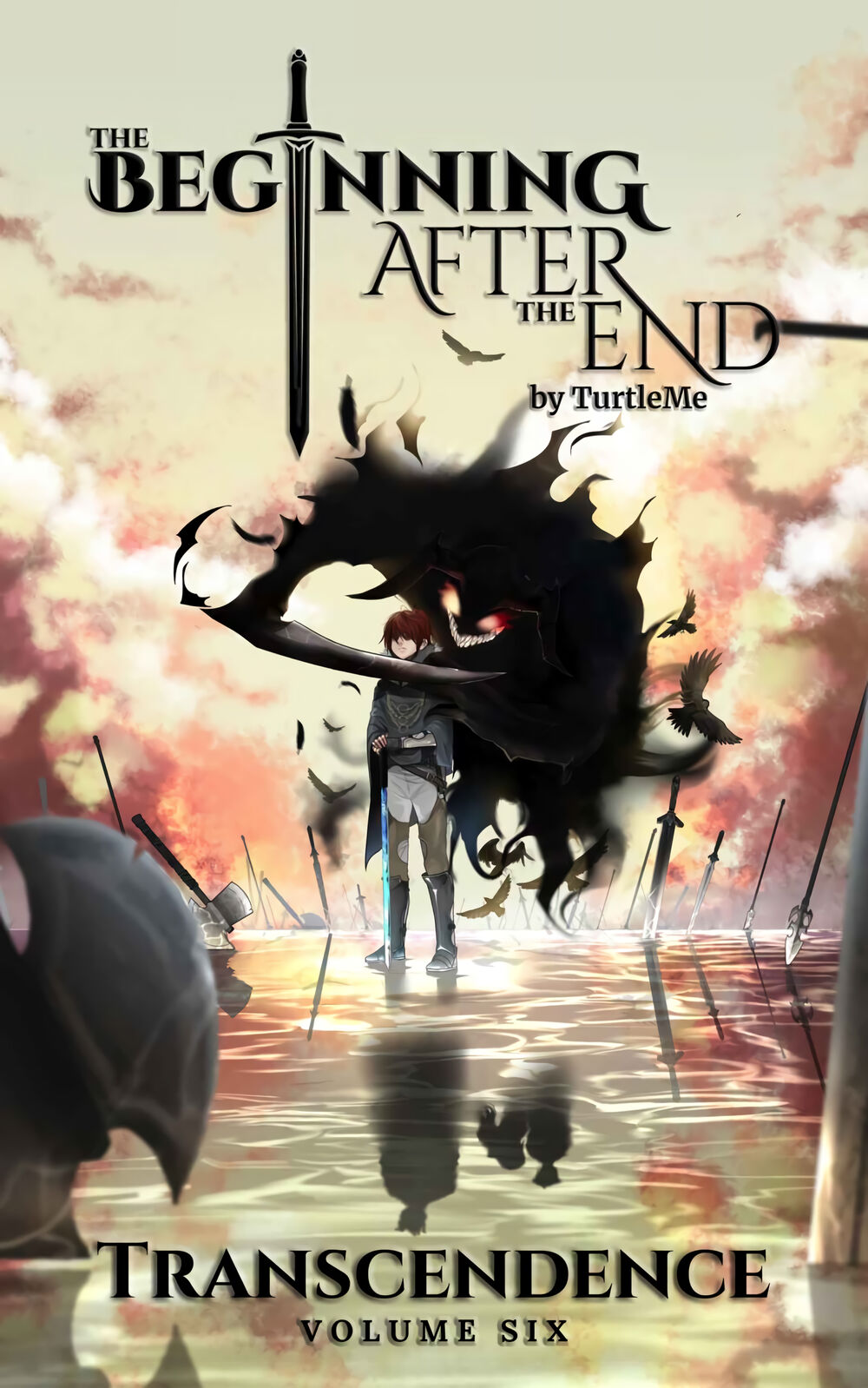 1boy 1other arthur_leywin bird brown_hair clouds cloudy_sky cover cover_page crow english_text frown gauntlets hair_over_eyes highres horns metal_boots monmacairap novel_cover official_art planted planted_sword reflection shadow sky standing standing_on_liquid sword the_beginning_after_the_end weapon