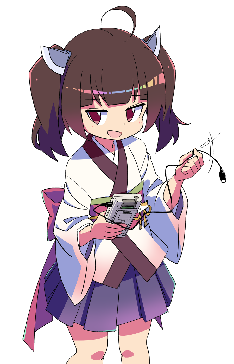 1girl ahoge bangs blunt_bangs brown_eyes brown_hair cable_spin cowboy_shot game_boy game_boy_(original) handheld_game_console headgear highres holding holding_handheld_game_console japanese_clothes kimono link_cable long_sleeves looking_at_viewer obi open_mouth pleated_skirt roku_no_hito sash short_hair skirt solo touhoku_kiritan twintails voiceroid white_background white_kimono wide_sleeves