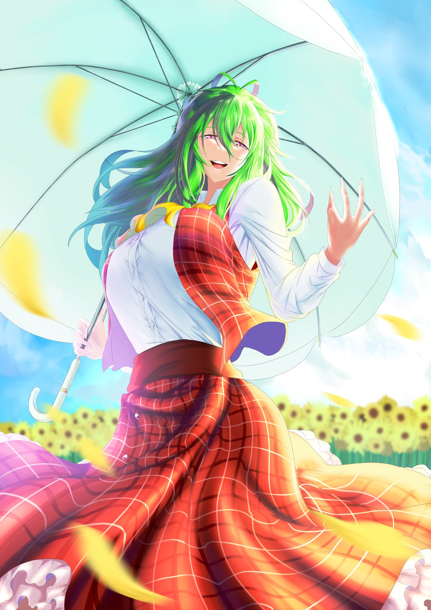 1girl ascot backlighting bangs blue_sky breasts buttons clouds collarbone day eyebrows_visible_through_hair field fingernails flower flower_field frilled_skirt frills garden_of_the_sun green_hair grin hair_between_eyes hand_up highres holding holding_umbrella kazami_yuuka large_breasts long_fingernails long_hair looking_at_viewer open_clothes open_mouth open_vest outdoors parasol petals plaid plaid_skirt plaid_vest shirt skirt sky smile solo suigetu26 sunflower touhou umbrella vest yellow_ascot