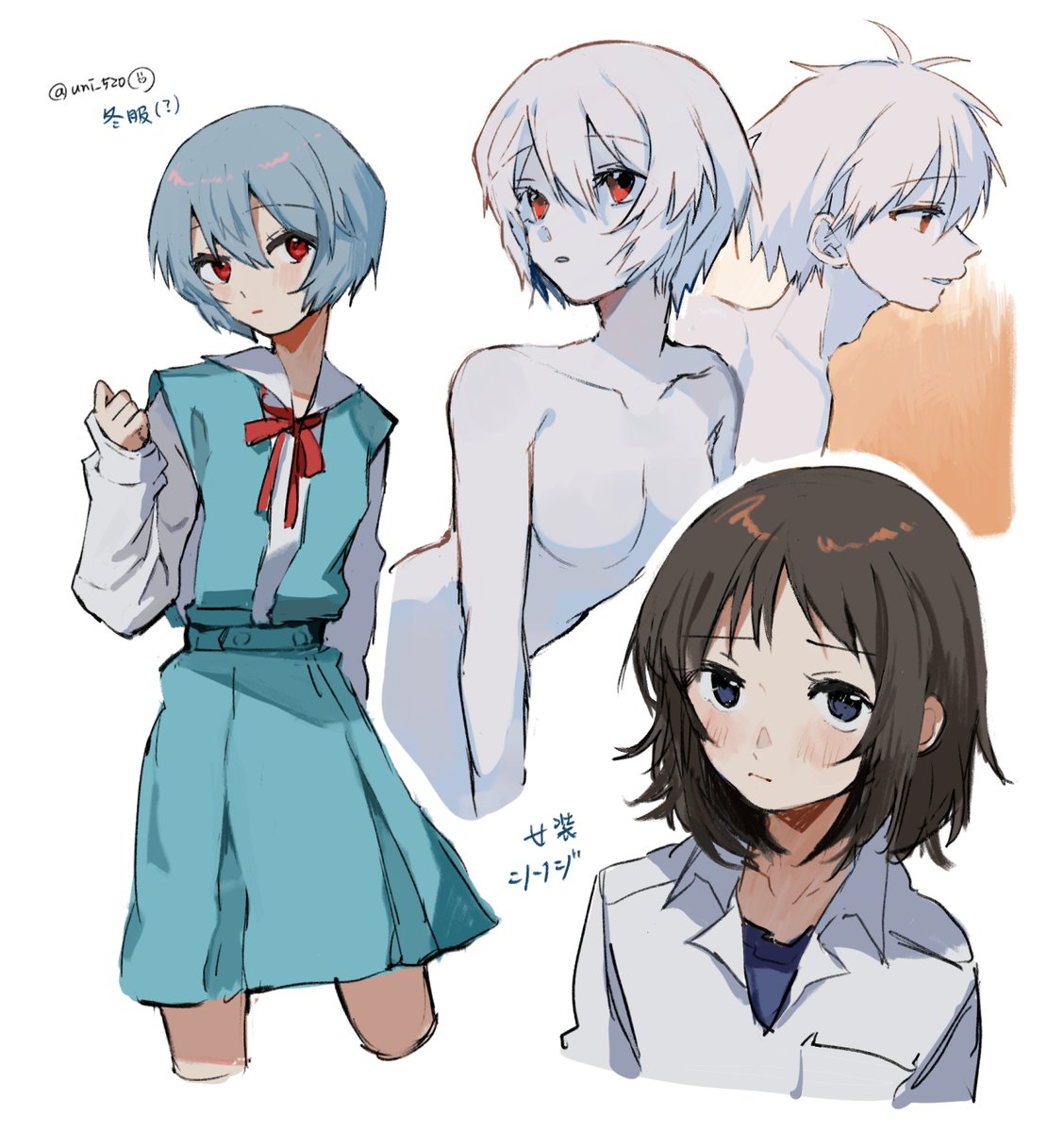 ayanami_rei blue_hair blush dango_(uni_520) dual_persona end_of_evangelion genderswap highres ikari_shinji nagisa_kaworu neon_genesis_evangelion red_eyes school_uniform simple_background tokyo-3_middle_school_uniform translation_request white_background