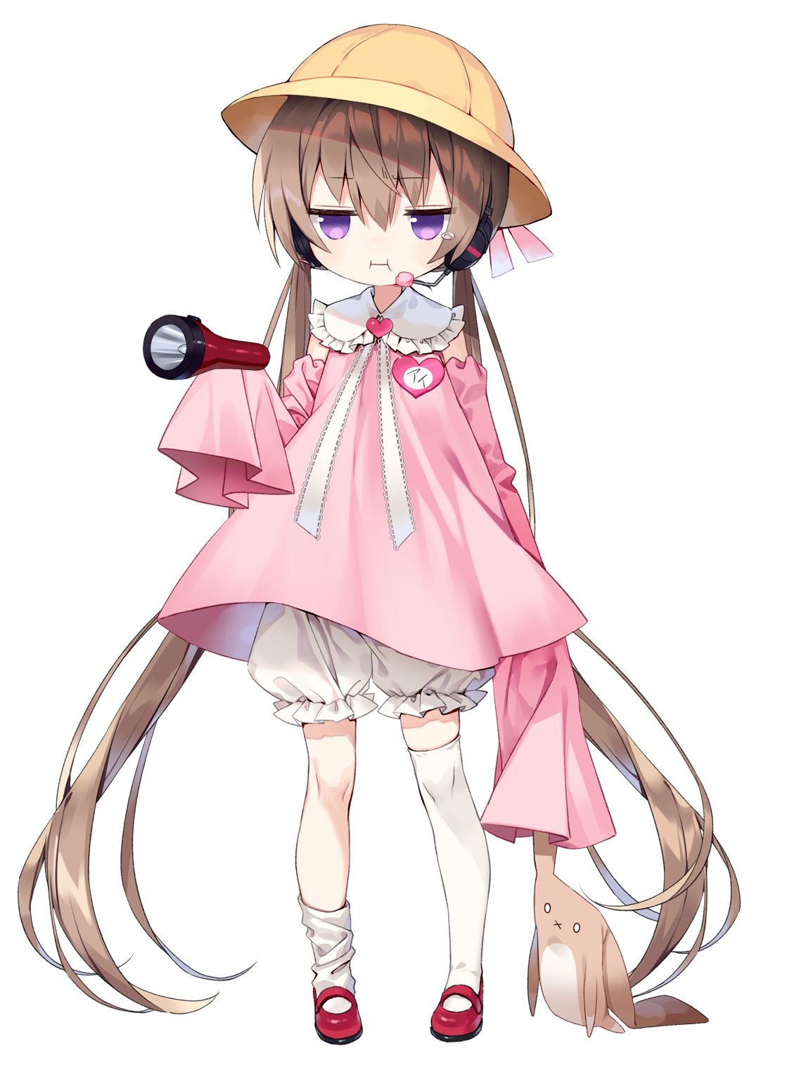 1girl asymmetrical_legwear bangs bloomers brown_hair child detached_sleeves dress flashlight full_body hat headset highres holding jitome kitsune_ncv long_hair long_sleeves mary_janes pink_dress pout red_footwear school_hat shoes sleeves_past_fingers sleeves_past_wrists solo stuffed_animal stuffed_toy thigh-highs tsukuyomi_ai twintails underwear uneven_legwear very_long_hair violet_eyes voiceroid white_background white_bloomers white_legwear yellow_headwear