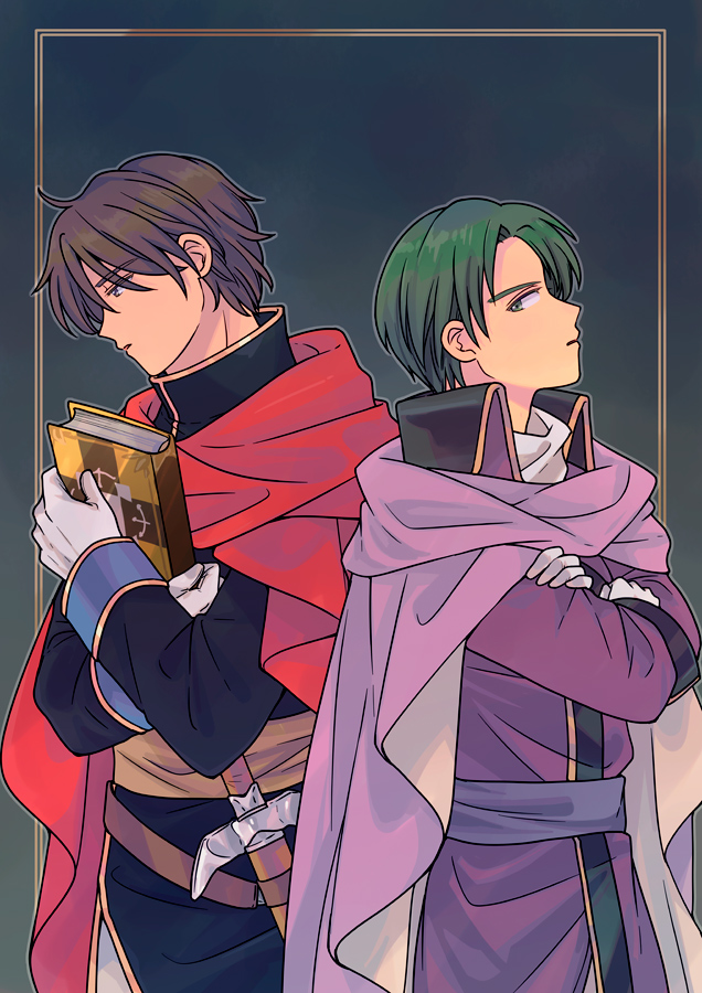 2boys black_jacket book brown_hair cape commentary_request crossed_arms fire_emblem fire_emblem:_thracia_776 fred_(fire_emblem) gloves green_eyes green_hair high_collar holding holding_book ilios_(fire_emblem) jacket long_sleeves male_focus multiple_boys nagiyaki_(momomo77) outside_border purple_cape purple_jacket purple_sash red_cape sash scabbard sheath sheathed short_hair sword upper_body weapon white_gloves wing_collar