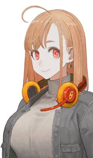 1girl ahoge bangs black_jacket breasts brown_hair carne_lian earrings eyebrows_behind_hair headphones headphones_around_neck indie_virtual_youtuber jacket jewelry jun_(seojh1029) large_breasts official_art red_eyes second-party_source smile solo transparent_background virtual_youtuber