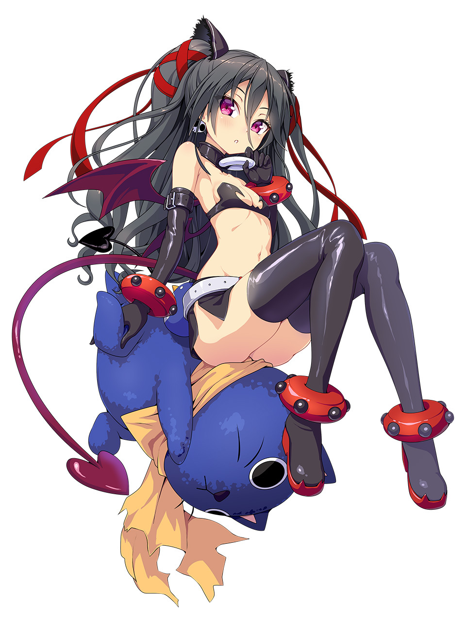 1girl anklet bangs black_choker black_footwear black_gloves black_hair blush boots bracelet character_request choker cosplay demon_girl demon_tail demon_wings disgaea earrings elbow_gloves etna etna_(cosplay) flat_chest full_body gloves hair_ribbon highres jewelry long_bangs long_hair looking_at_viewer navel non-web_source o-ring o-ring_choker parted_lips photoshop_(medium) pink_hair prinny prinny_(cosplay) red_tail red_wings ribbon simple_background skull_earrings solo strapless tail thigh-highs thigh_boots two_side_up venus_eleven_vivid! white_background wings