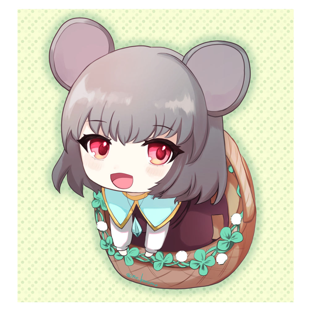 1girl :d animal_ears bangs basket blush border chibi chidori_nekoro commentary_request crystal dotted_background dress eyebrows_visible_through_hair full_body green_background grey_dress grey_hair jewelry long_sleeves looking_at_viewer mouse_ears mouse_girl nazrin open_mouth pendant red_eyes shirt short_hair smile solo touhou white_border white_shirt