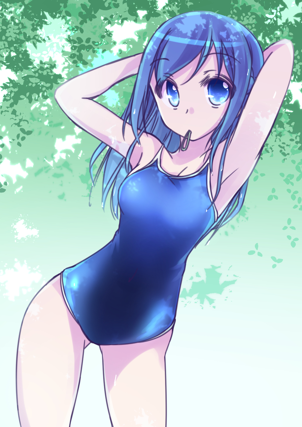 1girl adjusting_hair arms_behind_head ass_visible_through_thighs blue_eyes blue_hair blue_swimsuit breasts bush collarbone comb combing competition_school_swimsuit cowboy_shot dokidoki!_precure eyebrows_visible_through_hair highres hishikawa_rikka holding long_hair mouth_hold muusu outdoors precure rubber_band school_swimsuit small_breasts swimsuit tying_hair wet