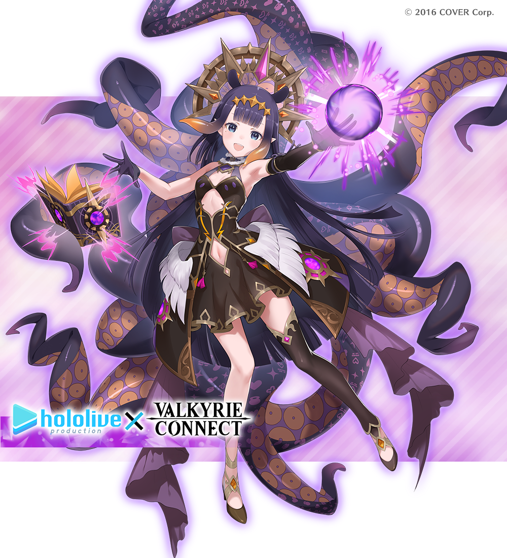 1girl alternate_costume book breasts clothing_cutout collaboration dress grimoire hololive hololive_english long_hair magic magical_girl navel navel_cutout ninomae_ina'nis official_alternate_costume official_art purple_hair small_breasts tentacle_hair tentacles valkyrie_connect violet_eyes virtual_youtuber