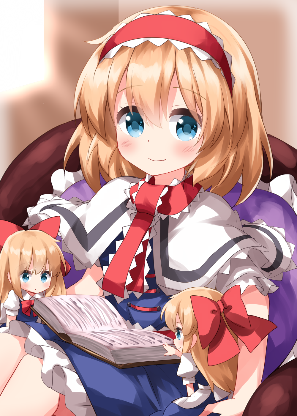 3girls alice_margatroid apron back_bow blonde_hair blue_dress blue_eyes book bow bowtie collared_shirt doll dress frilled_dress frills hair_bow hairband highres hourai_doll lolita_hairband long_hair maid multiple_girls one-hour_drawing_challenge puffy_short_sleeves puffy_sleeves red_bow red_bowtie red_hairband ruu_(tksymkw) shanghai_doll shirt short_hair short_sleeves touhou very_long_hair waist_apron white_apron white_shirt
