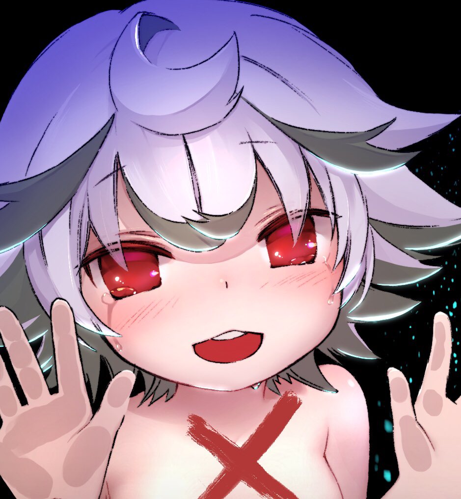 1girl against_glass black_background blush commentary_request crying crying_with_eyes_open empty_eyes eyebrows_visible_through_hair grey_hair hands_up hitosoroi looking_at_viewer made_in_abyss multicolored_hair no_pupils nude open_mouth out-of-frame_censoring prushka red_eyes short_hair smile solo streaked_hair streaming_tears tears teeth tsurime upper_body upper_teeth white_hair x