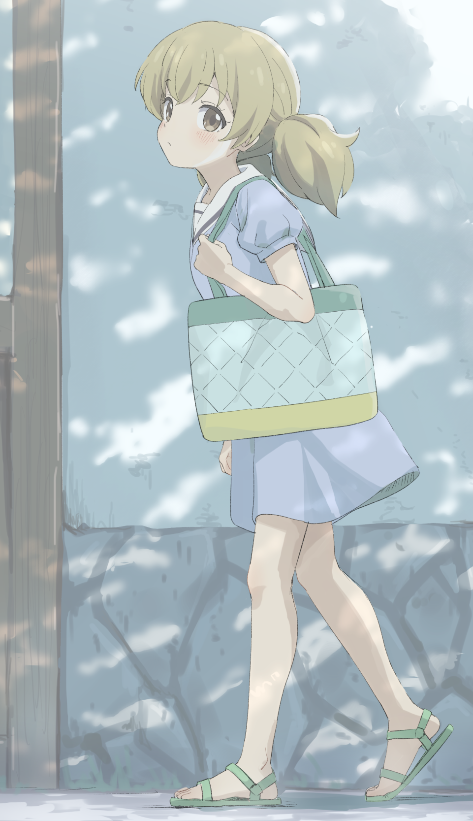 1girl bag barefoot_sandals blonde_hair blushblue_skirt closed_mouth copyright_request eyebrows_visible_through_hair full_body green_footwear highres holding holding_bag looking_at_viewer sailor_collar sandals school_uniform short_sleeves sincos skirt solo twintails walking white_sailor_collar yellow_eyes