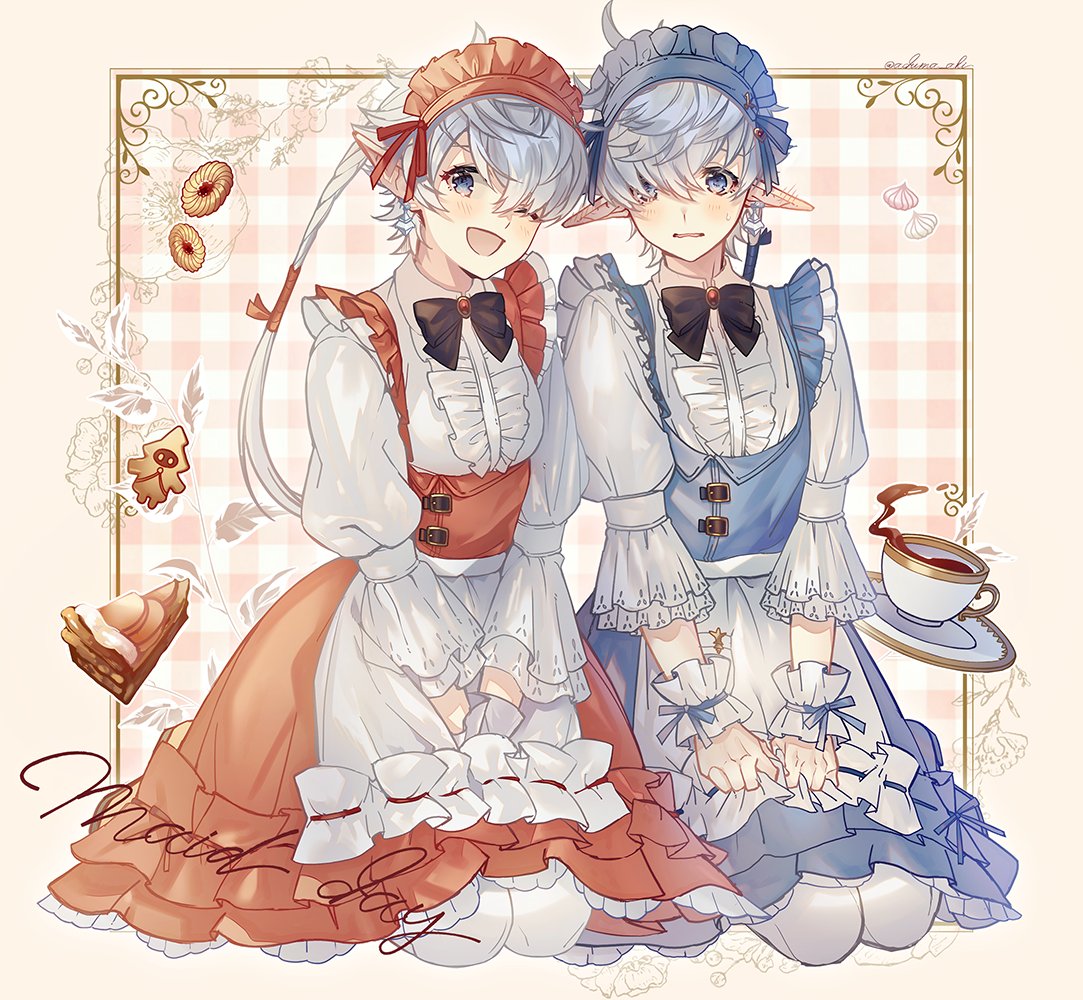 1boy 1girl ;d adzuma_nishi alisaie_leveilleur alphinaud_leveilleur alternate_costume apron bangs black_bow black_bowtie blue_dress blue_eyes bow bowtie checkered_background commentary cookie crossdressing cup dress earclip earrings elezen elf embarrassed enmaided final_fantasy final_fantasy_xiv food frilled_dress frills full_body grey_hair hair_over_one_eye hair_ribbon jewelry light_blush long_hair looking_at_viewer low_ponytail maid maid_apron maid_day maid_headdress one_eye_closed open_mouth pie_slice pointy_ears puffy_sleeves red_dress ribbon saucer seiza siblings single_earring sitting smile teacup twins v_arms wrist_cuffs yellow_background